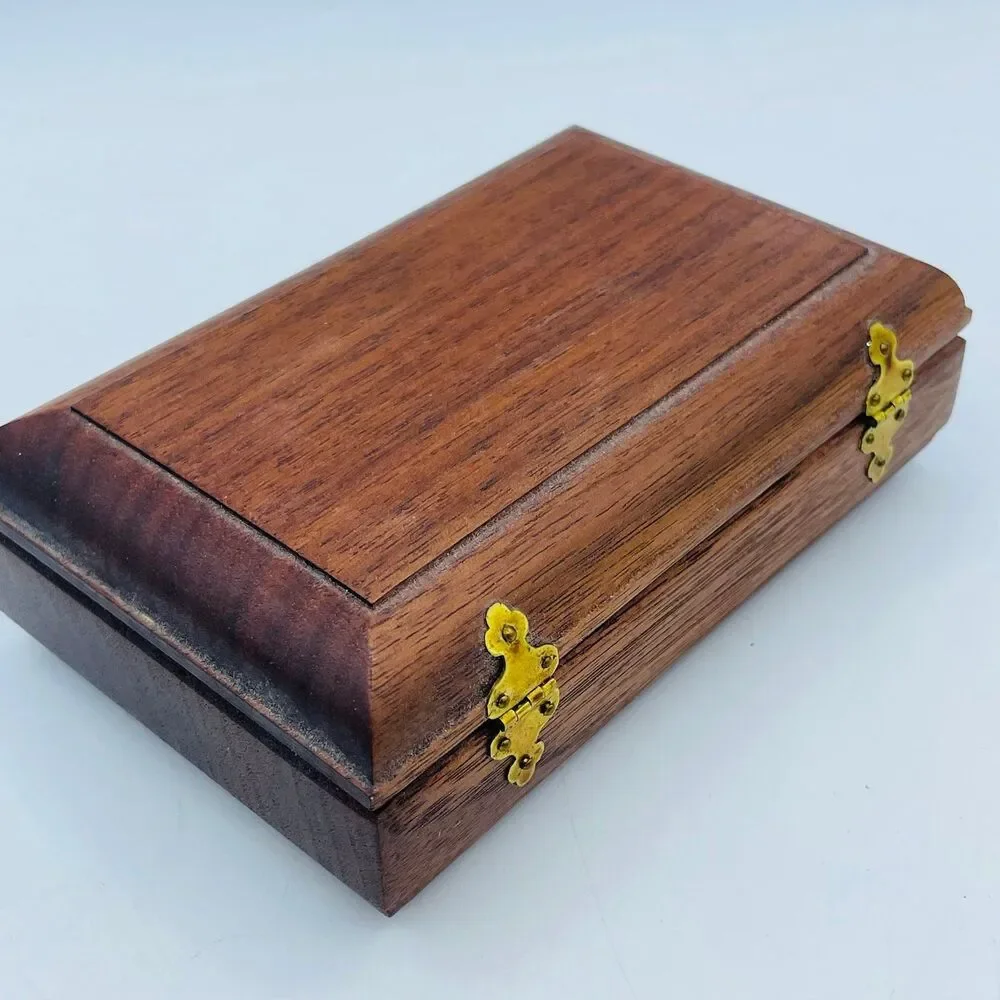 Vintage Hand Crafted Small Rectangular Wooden Trinket Jewelry Box w/ Hinges